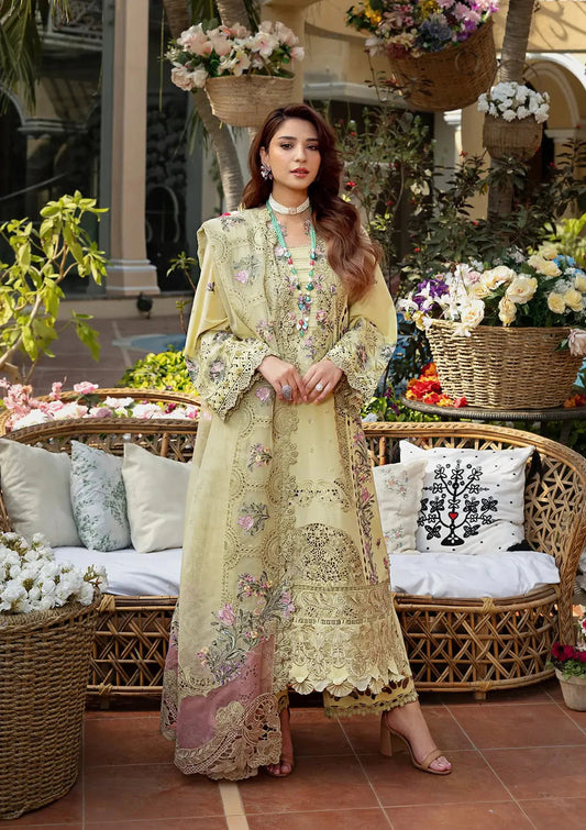 ELAF-3PC LAWN CHIKANKARI EMBROIDERED SHIRT WITH KHAADI NET EMB DUPATTA AND EMB TROUSER - 711