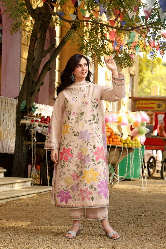 ANEELAS - 3PC DHANAK EMBROIDERED SHIRT COURTRAI DUPATTA - A2010