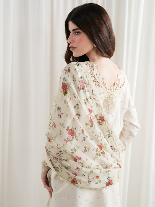 ZAIB-3PC LAWN CHIKAN EMBROIDERED SHIRT WITH SILK PRINTED DUPATTA AND TROUSER - A912