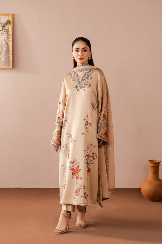NOURA - 3PC EMBROIDERED SHAMOZ SILK SHIRT LIGHT-WEIGHT MEDIUM SILK DUPATTA & SILK TROUSER - A33