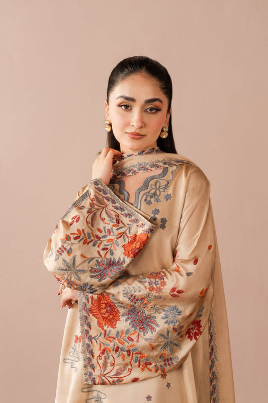 NOURA - 3PC EMBROIDERED SHAMOZ SILK SHIRT LIGHT-WEIGHT MEDIUM SILK DUPATTA & SILK TROUSER - A33