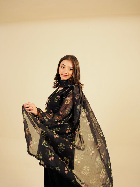 SASHA - 3PC PRINTED CHIFFON SHIRT CHIFFON DUPATTA  VISCOSE INNER & TROUSER - A1001