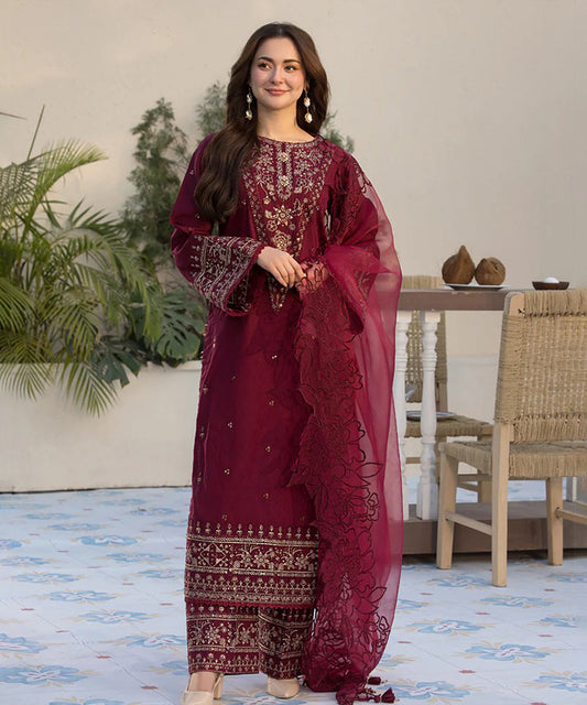 3PC - Lawn Embroidered Shirt with Organza Embroidered Dupatta - 1351